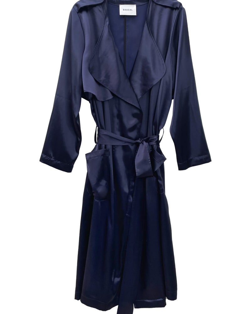 Front of a model wearing a size 2 Soft Satin Trench in Deep Sea Blue by BAACAL. | dia_product_style_image_id:253446